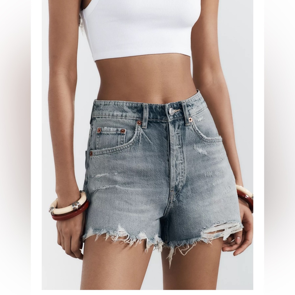 ZARA TRF RIPPED HIGH RISE DENIM SHORTS